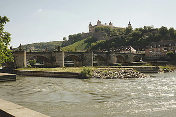 Würzburg, historic bridge, Marienberg Fortress, sunny summer day, scenic view, mountain top, castle, river, Germany, architecture, landscape