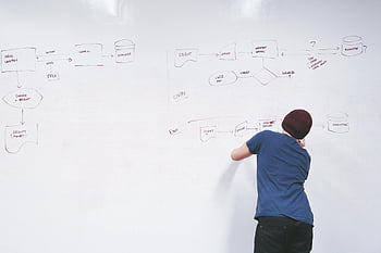 blue shirt, brown beanie, white dry erase board, man brainstorming, writing flowchart, office whiteboard, planning ideas, flowchart design, creative planning, office brainstorming, whiteboard writing
