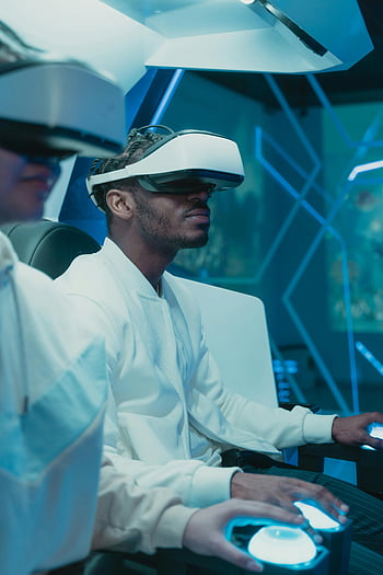 realta virtuale, Cuffie VR, Due adulti, gioco, metaverso, ambiente ad alta tecnologia, occhiali per realtà virtuale, esperienza immersiva, tecnologia futuristica, gioco interattivo, Esplorazione virtuale