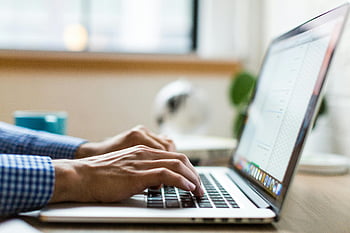 Macbook, laptop, typing, modern office, close-up, adult, hands, keyboard, bright office, workspace, technology
