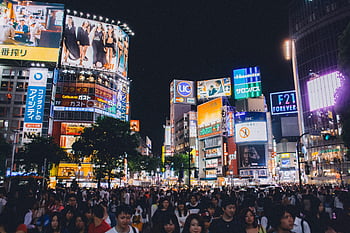 shibuya přechod, Tokio, městská noční scéna, Rušný dav, jasná světla, noční obloha, panoráma města, Japonsko, noční život, reklamy, lidé