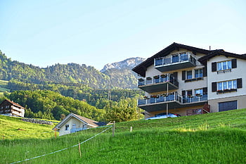 village, houses, nature, lauerz, hill, meadow, buildings, grass, mountain, countryside, switzerland