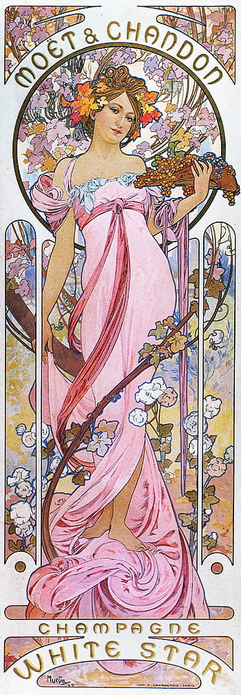 Alphonse Mucha, 아르누보, 핀업, 높은 해상도, Moet & Chandon, 샴페인 화이트 스타, 1899 년, 빈티지 포스터, 플로랄 디자인, 여성 인물, 포도