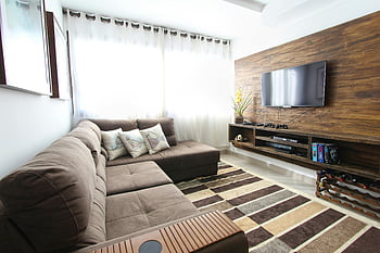 brown fabric sectional sofa, modern living room, wall-mounted TV, interior decor, stylish living room, brown sofa, living room decor, contemporary living room, living room furniture, living room design, sectional sofa