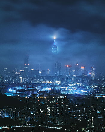 Taipei skyline, Taipei 101, night view, glowing skyscrapers, misty cityscape, urban night scene, Taipei at night, dramatic view, city lights, iconic landmark, Taiwan cityscape