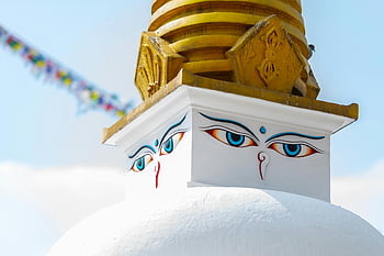 boudhanath stupa, kathmandu, Nepál, Detaily očí, Kultovní stupa, detail, buddhistická architektura, modlitební praporky, kulturní památka, bílá kopule, zlatá věž