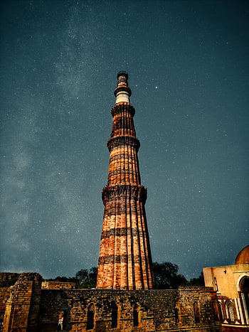 qutub minar, Nové Dillí, Indie, hvězdnou noční oblohu, historické architektury, nádherný výhled, noční fotografie, starobylé památky, Delhi Landmark, minaret, Komplex Qutub
