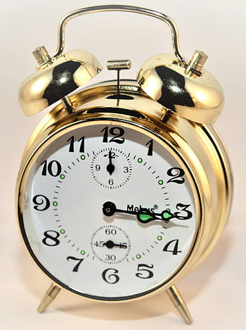 brass alarm clock, twin bells, white face, black numbers, classic alarm clock, 3:15 time, brass-colored clock, vintage alarm clock, analog clock, clock face, alarm bells