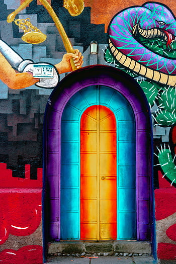 Barevné umělecké dílo, pouliční umění nástěnné malby, Mexico City, barevné dveře, složité návrhy, Živé umění, městského umění, nástěnné umění, Barevná nástěnná malba, pouliční nástěnná malba