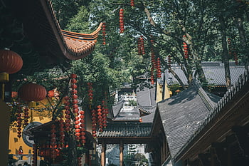 Faxi chrám, hangzhou, Čína, tradiční čínská architektura, červené lucerny, chrám, čínská kultura, historické místo, kulturní památka, asijské architektury, cíl cesty