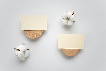 blank visitkort, bomullsblommor, korkunderlägg, minimalistisk lägenhet, vit bakgrund, visitkortsdesign, bomullsinredning, platt liggande fotografering, minimalistisk design, vit yta, bomullsarrangemang
