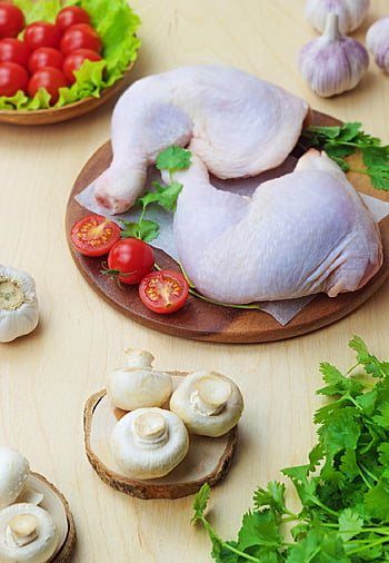 chicken, mushrooms, vegetables, food, ingredients, chicken Leg, meat, tomatoes, garlic, cilantro, raw
