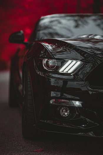 černý ford mustang, Fotografie zblízka auto, luxusní auto, Nárazové světlomety, červené pozadí, černé auto, fotografování automobilů, automobilové fotografie, detaily vozu, auto design, osvětlení auta
