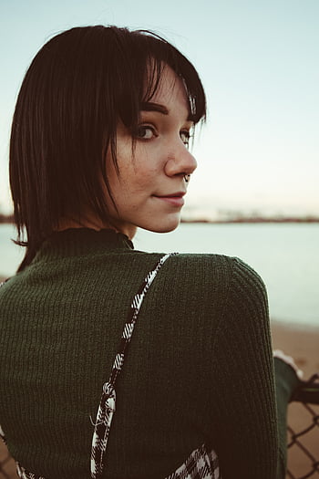 woman looking back, alone, beach, beauty, caucasian, female, fence, green, hair, ocean, piercing