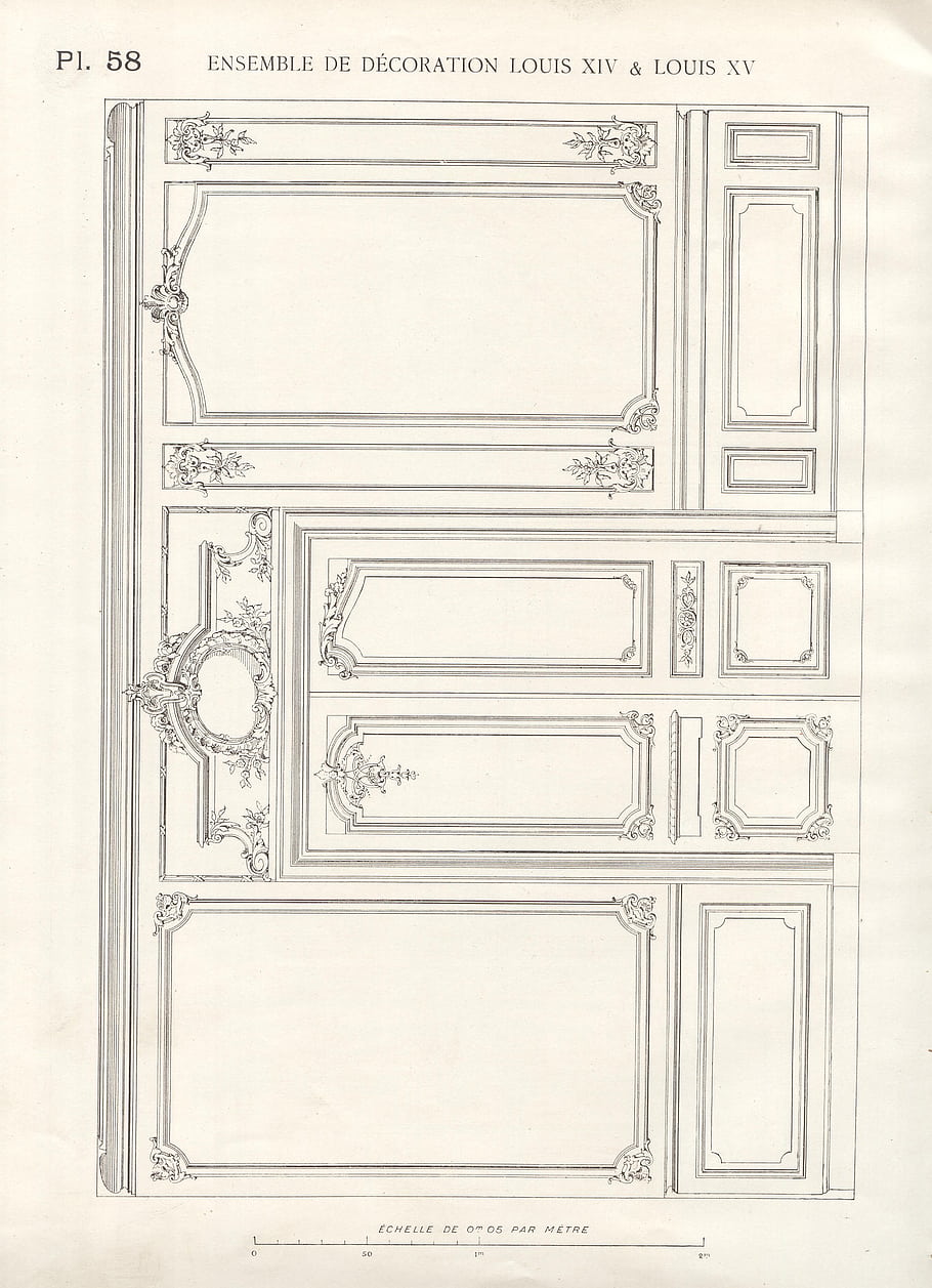 Louis XIV, Louis XV, architectural drawing, decorative panel, ornate design, interior design, French style, wall paneling, vintage illustration, architectural sketch, decorative elements