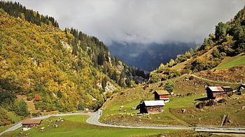alpine, nature, rocks, look, ray, the Height Of The, hat, roofs, houses, perspective, panorama