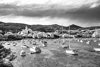 Boote, Meer, Küste, Natur, Stadt, Dorf, Hafen, Schwarz und weiß, cadaqués, girona, Spanien, Landschaft