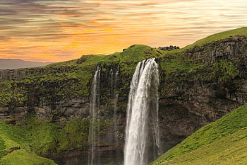 wodospad, góry, rzeka, Natura, zmierzch, Islandia, woda, etap, seljalandsfoss, niebo, krajobraz