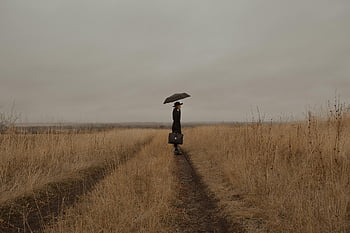 woman, mysterious, field, road, meadow, traveler, umbrella, girl, journey, lonely, sad