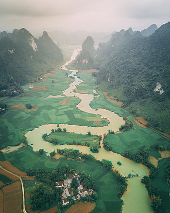 NUOC CAO BANG, UNESCO Global Geopark, letecký pohled, navíjecí řeky, svěží zeleň, Vietnam, scénické krásy, Příroda, krajina, krasové útvary, rý ová pole