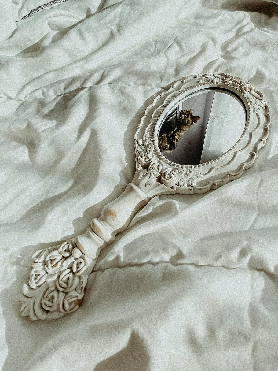 Viktoriánské ruční zrcadlo, bílá textilie, Vintage zrcadlo, Reflexe koček, elegance, královský styl, ozdobené zrcadlo, pozadí tkaniny, starožitné zrcadlo, bílá tkanina, Kočka v zrcadle
