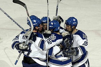 ice hockey players, hockey team, celebration, ice rink, hockey sticks, sports action, team huddle, athletic gear, winter sports, competitive sports, team spirit