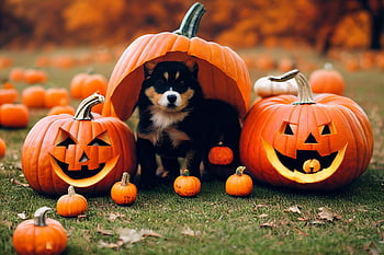 halloween, puppy, pumpkins, dog, jack-o-lantern, happy Halloween, field, decoration, pumpkin Patch, animal, pet