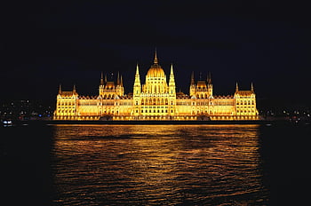 Hungarian Parliament Building, Budapest, Danube River, night time, illuminated, yellow castle, body of water, architecture, landmark, Hungary, Europe