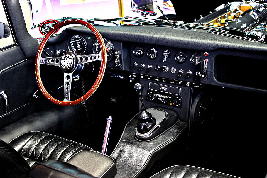 Jaguar, E Type, convertible, interior, steering wheel, dashboard, leather seats, classic car, vintage, controls, gauges