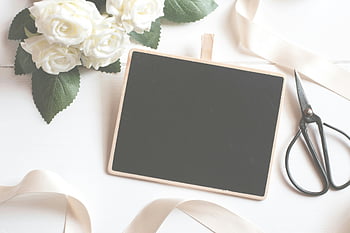 tesoura cinza, rosas brancas, quadro em branco, colocação plana, projetos criativos, Design chique, fita, arranjo floral, estilo minimalista, configuração de mesa, suprimentos de artesanato
