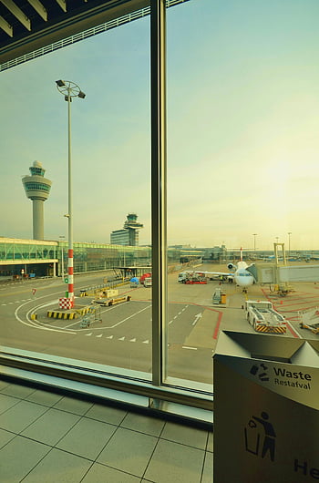 airport, plane, runway, terminal window, airplane, day, control tower, airport view, aircraft, tarmac, terminal