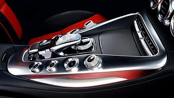 Mercedes Benz, car interior, center console, luxury design, advanced controls, modern car, gray car, close-up, control features, red seats, car dashboard