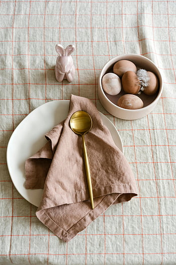 Easter eggs, bunny, tableware, minimalistic, brown eggs, ceramic bunny, golden spoon, Easter table setting, spring decor, pastel colors, Easter decoration
