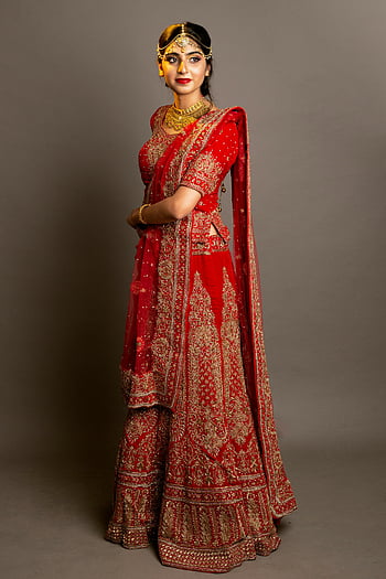 elegantní žena, červená saree, tradiční indické, Zlaté šperky, kulturní dědictví, portrét, Indická móda, svatební oděv, etnické oblečení, Red Lehenga, elegantní outfit