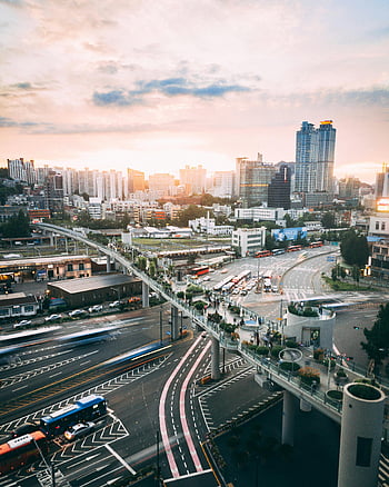 luchtfoto, voertuigen op de weg, Stadsgezicht van Seoul, zonsondergang, stedelijke architectuur, bruisende stad, wegen, verkeer, stadsstraten, moderne gebouwen, stadsleven