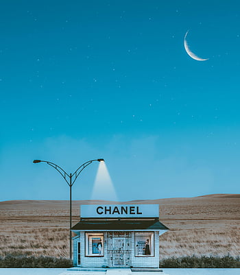 Chanel store, minimalistic design, street lamps, crescent moon, starry night sky, shop facade, illuminated storefront, night scene, luxury boutique, desert landscape, modern architecture