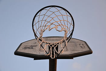 basketball hoop, low-angle photography, brown and black, close-up view, clear sky, sports themes, leisure themes, net, outdoor sports, basketball net, hoop shot
