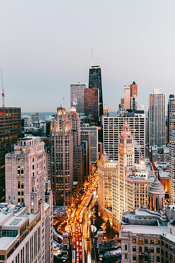cakrawala chicago, bangunan bertingkat tinggi, awan putih, tampak atas, pusat kota chicago, lampu-lampu kota, senja, lanskap perkotaan, gedung pencakar langit, Cityscape, pemandangan malam